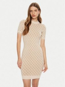Guess Sukienka dzianinowa W3YK39 Z37K0 Beżowy Regular Fit. Brązowe kombinezony Guess, m, z aplikacjami, z dzianiny, bez kołnierzyka, bez ramiączek. Za 339,99 zł.