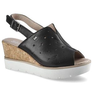 Sandały damskie Simen, na wysokim koturnie ze skórzaną wkładką, czarne, 00477-Sandro-04. Czarne sandały Simen, bez wzorów, ze skóry, bez obcasa, na koturnie, bez zapięcia. Za 169,00 zł.