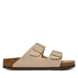 Klapki Birkenstock. Brązowe klapki Birkenstock, bez wzorów, bez obcasa. Za 381,99 zł.