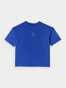 4F T-shirt oversize z efektem sprania damski - niebieski XL. Niebieskie t-shirty 4f, xl, bez wzorów, z bawełny, bez kołnierzyka, bez ramiączek. W wyprzedaży za 29,99 zł.