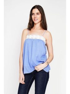 Le Jardin du Lin Lniany top w kolorze błękitnym rozmiar: 36. Niebieskie topy Le jardin du lin, bez wzorów, z koronki, bez kołnierzyka, bez ramiączek. Za 114,95 zł.