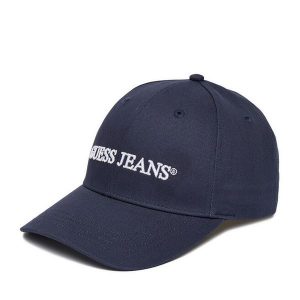 Czapka z daszkiem Guess Jeans. Niebieskie czapki Guess Jeans, z aplikacjami, z jeansu. Za 99,99 zł.