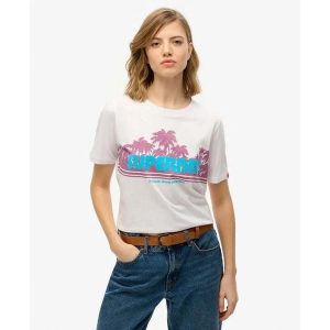 T-shirt casual w paski dla kobiet Superdry. Białe t-shirty Superdry, bez wzorów, bez kołnierzyka, bez ramiączek. W wyprzedaży za 151,95 zł.