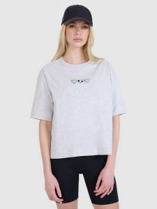 4F T-shirt oversize z nadrukiem damski - szary XS. Szare t-shirty 4f, xs, bez wzorów, z bawełny, bez kołnierzyka, bez ramiączek. W wyprzedaży za 29,99 zł.
