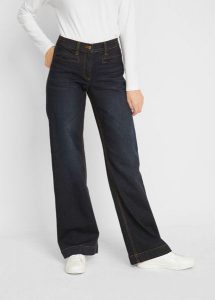 Jeansy wide leg, mid waist, z elastyczną wstawką w talii. Niebieskie jeansy bonprix, bez wzorów, z bawełny. Za 137,99 zł.