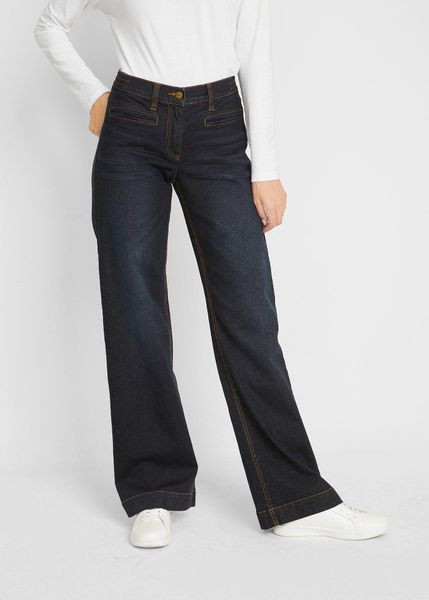 Jeansy wide leg, mid waist, z elastyczną wstawką w talii. Niebieskie jeansy bonprix, bez wzorów, z bawełny. Za 124,99 zł.