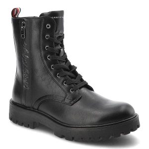 Czarne Botki Tommy Hilfiger Modne Buty Damskie. Czarne botki TOMMY HILFIGER, bez wzorów, z materiału, bez obcasa, na płaskiej podeszwie, bez zapięcia. Za 439,00 zł.