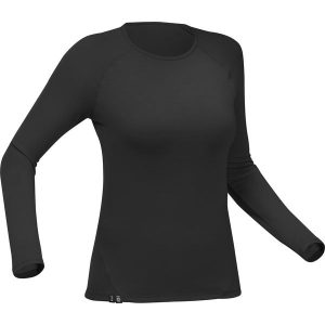 Koszulka z długim rękawem damska Forclaz MT500 merino. Czarne bluzki FORCLAZ, m, bez wzorów, z materiału, sportowe, bez kołnierzyka, bez ramiączek. Za 229,99 zł.