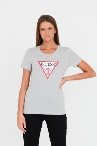 GUESS Szary t-shirt Original Tee. Szare t-shirty Guess, s, z aplikacjami, z bawełny, bez kołnierzyka, bez ramiączek. W wyprzedaży za 89,99 zł.