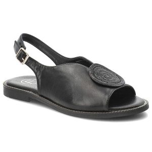 Sandały damskie Filippo, cholewka ze skóry ekologicznej na płaskiej podeszwie z elegancką broszką, czarne, DS6229/26. Czarne sandały Filippo, bez wzorów, ze skóry ekologicznej, bez obcasa, na płaskiej podeszwie, bez zapięcia. Za 129,00 zł.