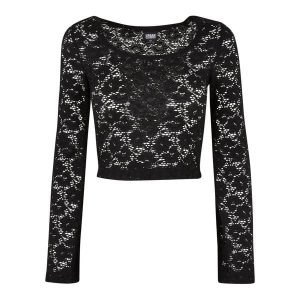 Crop Top Damski Koronka Z Długim Rękawem. Czarne topy Urban Classics, xl, bez wzorów, z koronki, sportowe, bez kołnierzyka, bez ramiączek. Za 120,99 zł.