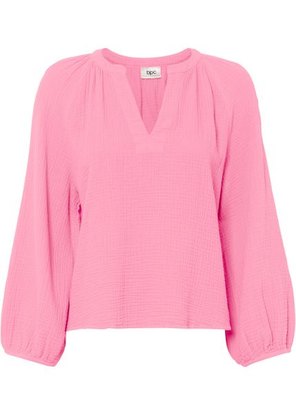 Bluzka muślinowa oversize. Fioletowe bluzki bonprix, bez wzorów, bez kołnierzyka, bez ramiączek. Za 94,99 zł.
