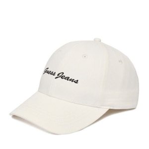 Czapka z daszkiem Guess Jeans. Białe czapki Guess Jeans, z aplikacjami, z jeansu. Za 79,99 zł.