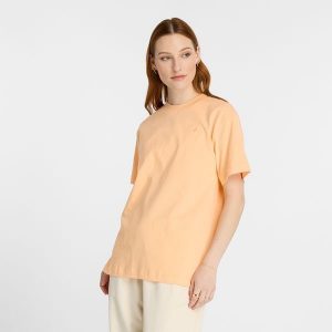 Koszulka damska New Balance WT41501PAE – pomarańczowa. Brązowe bluzki New Balance, xs, bez wzorów, z materiału, eleganckie, bez kołnierzyka, bez ramiączek. Za 69,99 zł.