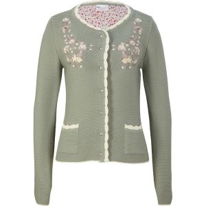 Sweter rozpinany w ludowym stylu. Czarne kardigany bonprix, bez kołnierzyka. Za 169,99 zł.