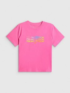 4F T-shirt boxy z nadrukiem damski - różowy M. Czerwone t-shirty 4f, m, bez wzorów, z bawełny, bez kołnierzyka, bez ramiączek. Za 69,99 zł.