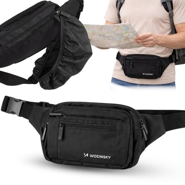 Saszetka nerka Wozinsky wodoodporna regulowana na pas ramię 6 kieszeni trekking. Czarne nerki i saszetki WOZINSKY, bez wzorów. Za 59,99 zł.