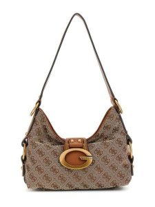 Guess Torebka 183683 Beżowy. Brązowe listonoszki Guess, z aplikacjami, z materiału, bez dodatków. Za 584,99 zł.