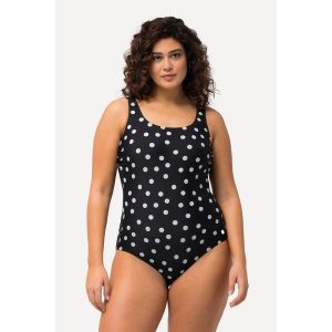 Damskie Kostium kąpielowy kropki bez miękkich miseczek okrągły dekolt. Czarne stroje jednoczęściowe Ulla Popken, bez wzorów, z elastanu. Za 199,99 zł.
