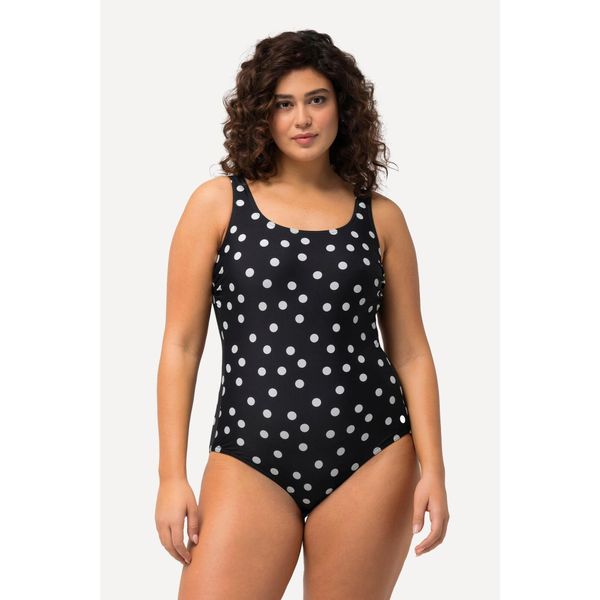 Damskie Kostium kąpielowy kropki bez miękkich miseczek okrągły dekolt. Czarne stroje jednoczęściowe Ulla Popken, bez wzorów, z elastanu. Za 199,99 zł.