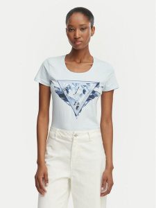 Guess T-Shirt W6GI11 K3026 Niebieski jasny Regular Fit. Niebieskie t-shirty Guess, s, z aplikacjami, z bawełny, bez kołnierzyka, bez ramiączek. Za 194,99 zł.