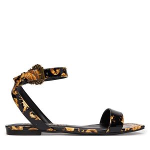 Sandały Versace Jeans Couture. Czarne sandały Versace Jeans Couture, bez wzorów, z jeansu, bez obcasa, na płaskiej podeszwie, bez zapięcia. Za 439,99 zł.