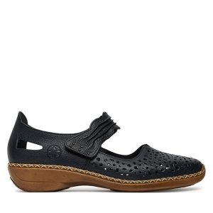 Półbuty Rieker. Niebieskie półbuty Rieker, bez wzorów, bez obcasa, na płaskiej podeszwie, bez zapięcia. Za 319,99 zł.