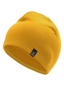Haglöfs Czapka beanie "Betula" w kolorze musztardowym rozmiar: M/L. Żółte czapki Haglöfs, z aplikacjami, z materiału. Za 109,45 zł.