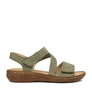 Sandały Rieker. Zielone sandały Rieker, bez wzorów, bez obcasa, na płaskiej podeszwie, bez zapięcia. Za 289,99 zł.