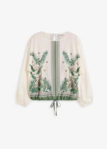 Tunika shirtowa z nadrukiem. Białe tuniki bonprix, bez wzorów, eleganckie, bez kołnierzyka, bez ramiączek. Za 107,99 zł.
