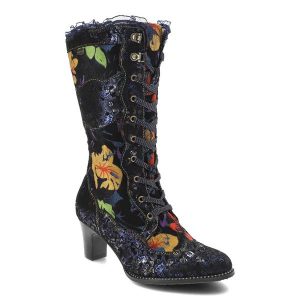 Granatowe Wzorzyste Botki Laura Vita Eleganckie Obuwie Damskie. Niebieskie botki LAURA VITA, bez wzorów, z koronki, bez obcasa, na obcasie, bez zapięcia. Za 479,00 zł.