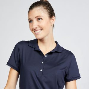 Koszulka polo do golfa damska z krótkim rękawem Inesis WW500. Niebieskie bluzki INESIS, m, bez wzorów, z dżerseju, sportowe, bez kołnierzyka, bez ramiączek. Za 89,99 zł.