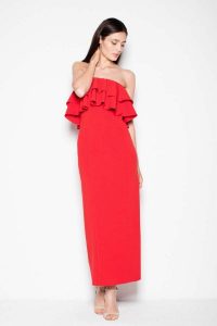 Czerwona Sukienka Długa Elegancka z Falbankami. Czerwone sukienki Venaton, l, bez wzorów, z elastanu, eleganckie, bez kołnierzyka, bez ramiączek, maxi. Za 299,00 zł.