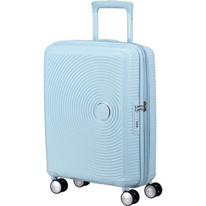 Walizka turystyczna Soundbox Spinner 55 TSA EXP 35,5L. Niebieskie walizki AMERICAN TOURISTER, bez wzorów. Za 629,99 zł.