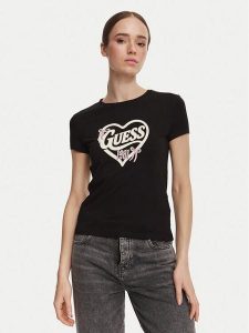 Guess T-Shirt V6YI09 K4276 Czarny Slim Fit. Czarne t-shirty Guess, s, z aplikacjami, z bawełny, bez kołnierzyka, bez ramiączek. Za 154,99 zł.