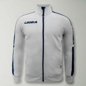Kurtka California Junior do biegania Biało-Niebieska. Białe kurtki LEGEA, bez wzorów, z poliesteru, z kapturem. Za 64,00 zł.