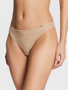 Gossard Stringi Glossies 13006 Beżowy. Brązowe stringi Gossard, bez wzorów, z syntetyku. Za 69,99 zł.
