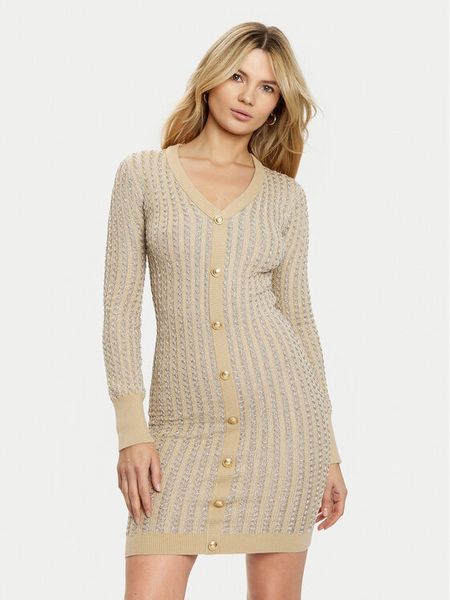 Guess Sukienka dzianinowa W5RK09 Z3KT0 Beżowy Bodycon Fit. Brązowe kombinezony Guess, m, z aplikacjami, z dzianiny, bez kołnierzyka, bez ramiączek. Za 359,99 zł.