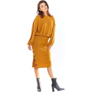 Kamelowy Nowoczesny Oversizowy Sweter z Guzikami. Brązowe swetry klasyczne Awama, l, z materiału, bez kołnierzyka. Za 206,90 zł.