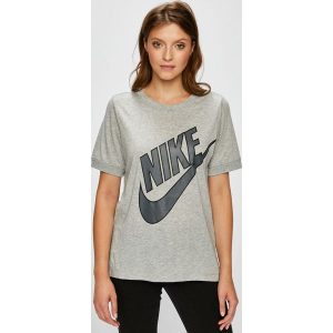 Nike Sportswear - Top sportowy. Szare t-shirty marki Nike Sportswear, z nadrukiem, z bawełny, z okrągłym kołnierzem, z krótkim rękawem. W wyprzedaży za 69,90 zł.