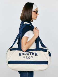 Torba bawełniana z kontrastowymi taśmami perłowa Ivy 103. Białe torebki klasyczne Big Star, bez wzorów, z bawełny, duże, bez dodatków. Za 179,99 zł.