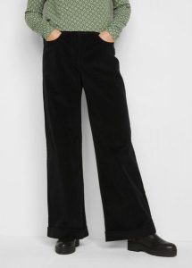 Szerokie spodnie sztruksowe ze stretchem, high-waist. Czarne spodnie z wysokim stanem bonprix, bez wzorów, ze sztruksu, z podwyższonym stanem. Za 144,99 zł.