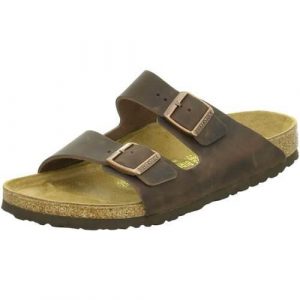 Klapki Birkenstock Arizona. Brązowe klapki Birkenstock, bez wzorów, z jeansu, bez obcasa. Za 399,00 zł.
