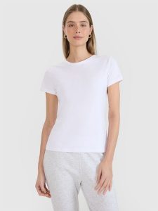 4F T-shirt slim z nadrukiem damski - biały M. Białe t-shirty 4f, m, bez wzorów, z bawełny, bez kołnierzyka, bez ramiączek. Za 59,99 zł.
