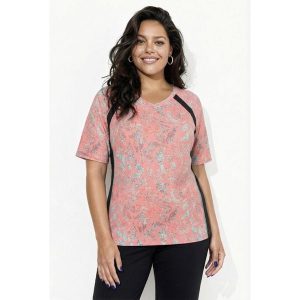 Damskie T-shirt liście siateczka dekolt w szpic rękaw 1/2 z recyklingu. Brązowe t-shirty Ulla Popken, plus size, bez wzorów, z elastanu, bez kołnierzyka, plus size, bez ramiączek. Za 199,99 zł.