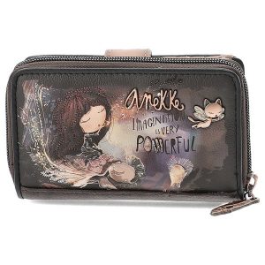 Brązowy Kompaktowy Damski Portfel Anekke. Brązowe portfele Anekke, z aplikacjami, z materiału. Za 199,00 zł.
