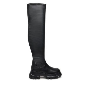Kozaki Tommy Jeans. Czarne kozaki Tommy Jeans, bez wzorów, z jeansu, bez obcasa, na płaskiej podeszwie, bez zapięcia. Za 639,99 zł.
