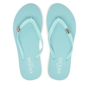 Japonki Guess. Niebieskie klapki Guess, z aplikacjami, bez obcasa. Za 179,99 zł.