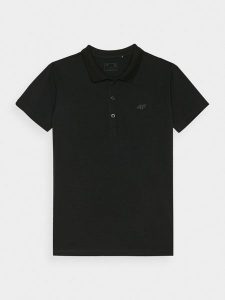 4F Koszulka polo slim damska - czarna M. Czarne bluzki 4f, m, bez wzorów, z bawełny, klasyczne, bez kołnierzyka, bez ramiączek. Za 89,99 zł.