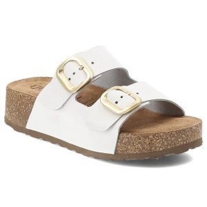 Klapki damskie Yokono, cholewka ze skóry naturalnej licowej z dwoma szerokimi paskami z regulacją na metalowe klamry, białe, Wiwi-003 Opa Blanco. Białe klapki Yokono, bez wzorów, ze skóry, bez obcasa. Za 239,00 zł.